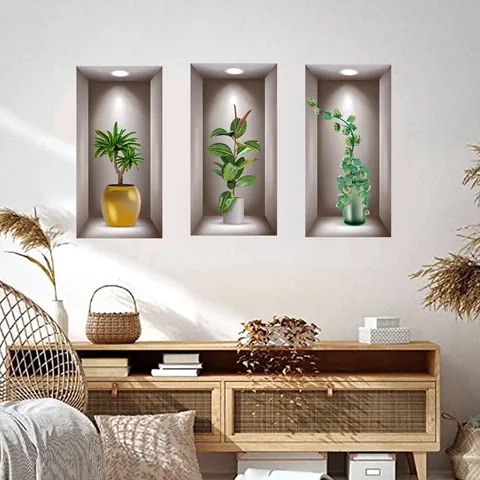 3D Visueel Groene Planten in Pot Muurstickers PVC Waterdicht Nep Venster Nis Muurstickers Voor Woonkamer Slaapkamer Decoratie
