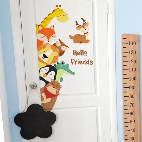 Cartoon Forest Animals Wall Stickers PVC Self Adhesive Door Decals For Kids Nursery Bedroom Decor Hello Friends Pattern
