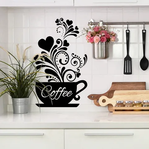 Coffee Cup Flower Vine Wall Sticker PVC Removable DIY Art Decal For Kitchen Dining Room Cafe Modern Home Decor Wall Mural