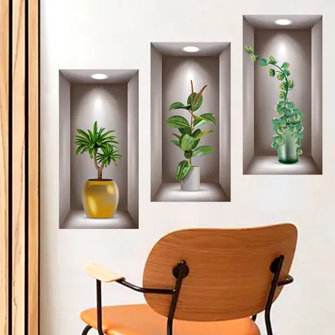 Adesivi Murali Piante in Vaso di Nicchia Simulata PVC Autoadesivo Rimovibile Effetto Visivo 3D Decorazione per Soggiorno Camera da Letto