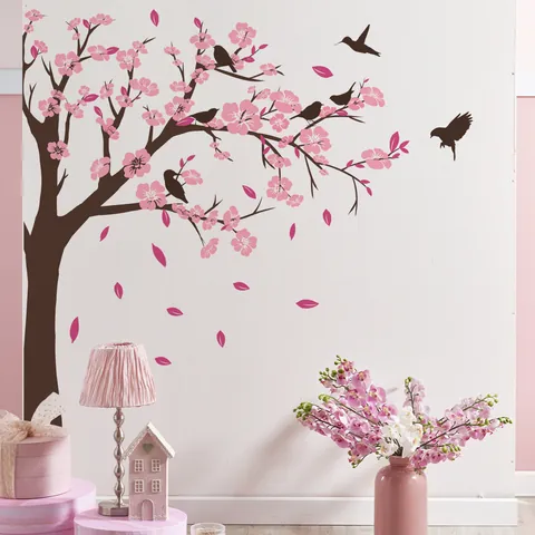 Vinilo De Pared Árbol De Cerezos En Flor PVC Flor Rosa Pájaros Calcomanía Moderna Estética Decoración Del Hogar