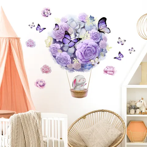 Aquarello Viola Rosa Fiore Mongolfiera Coniglio Adesivo Murale PVC Autoadesivo Murale Per Bambini Arredamento Camera