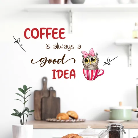 Adesivo da Parete in PVC a Tema Caffè con Gufo Cartone Animato Slogan Artistico in Inglese Coffee Is Always A Good Idea Autoadesivo per Cucina Bar