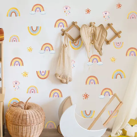 Autocollant Mural Arc-En-Ciel Aquarelle Boho Cœur Étoile Nuage Sticker PVC Pour Chambre D'Enfant Bébé Décoration Maison