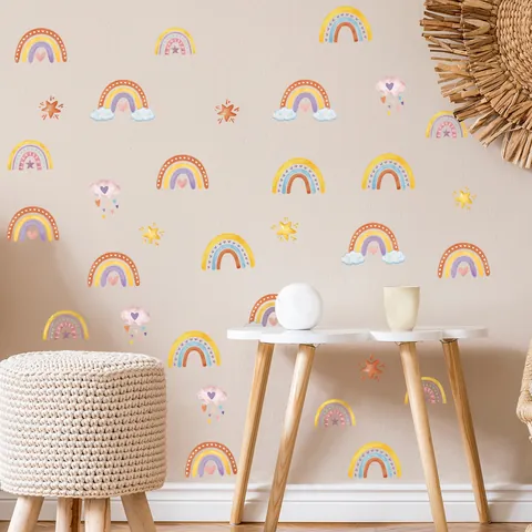 Autocollant Mural Arc-En-Ciel Aquarelle Boho Cœur Étoile Nuage Sticker PVC Pour Chambre D'Enfant Bébé Décoration Maison