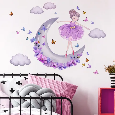 Adesivo da Parete a Forma di Ballerina di Danza Classica Luna Nuvola Farfalla per Cameretta Bambini Decorazione Floreale Viola
