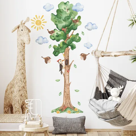 Growth Chart Wall Decal Cartoon Tree Birds PVC Self Adhesive Height Measurement Sticker For Kids Room Nursery Decor