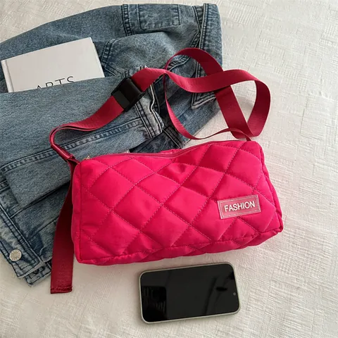 Women Quilted Crossbody Bag Solid Color Nylon Puffer Shoulder Bag Small Fashion Square Bag Adjustable Strap Casual Purse
