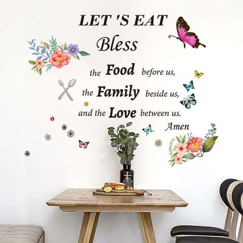 Stickers Muraux Citations Anglaises Inspirantes avec Motifs de Fleurs Papillons Couverts Let's Eat Bless The Food en PVC Autocollant pour Cuisine Salle à Manger Maison