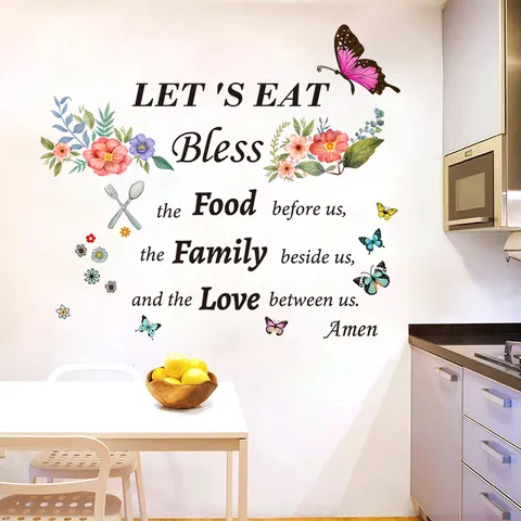 Stickers Muraux Citations Anglaises Inspirantes avec Motifs de Fleurs Papillons Couverts Let's Eat Bless The Food en PVC Autocollant pour Cuisine Salle à Manger Maison