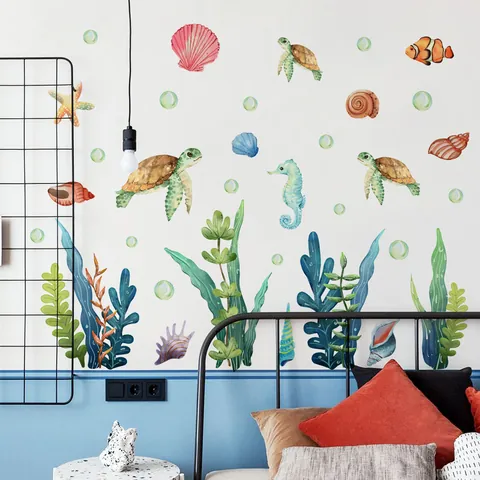 Sea Turtle Seaweed Ocean Theme Wall Stickers Watercolor Undersea Animals Wall Decals For Kids Room Bathroom Home Decor