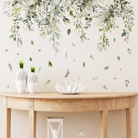 Aquarel Groene Plantenbladeren Muurstickers Met Vlinder Libel PVC Bloemen Ranken Muurtattoos Voor Woonkamer Huis Decoratie