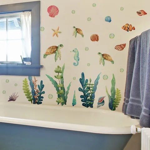 Sea Turtle Seaweed Ocean Theme Wall Stickers Watercolor Undersea Animals Wall Decals For Kids Room Bathroom Home Decor