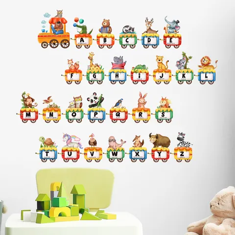 Cartoon Animal Train Alphabet Wall Sticker For Kids Room PVC Educational Letter Wall Decal Nursery Playroom Classroom Decor