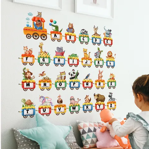 Cartoon Animal Train Alphabet Wall Sticker For Kids Room PVC Educational Letter Wall Decal Nursery Playroom Classroom Decor