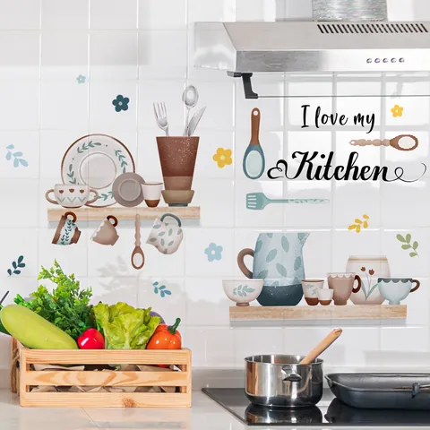 I Love My Kitchen Wall Sticker PVC DIY Removable Decal Hand Painted Coffee Cup Kettle Tableware Decor For Dining Room