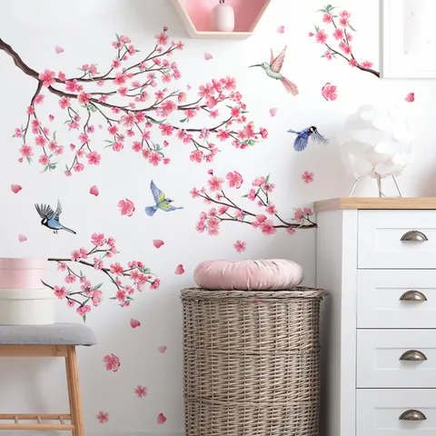 Removable Pink Peach Blossom Branch With Birds Wall Sticker PVC Botanical Floral Wall Decals For Living Room Bedroom Home Decor
