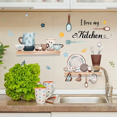 I Love My Kitchen Wall Sticker PVC DIY Removable Decal Hand Painted Coffee Cup Kettle Tableware Decor For Dining Room
