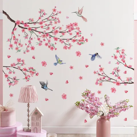 Removable Pink Peach Blossom Branch With Birds Wall Sticker PVC Botanical Floral Wall Decals For Living Room Bedroom Home Decor