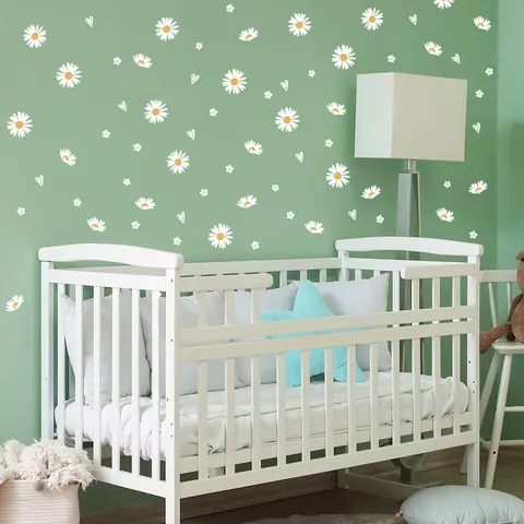 Adesivi Murali a Forma di Margherita Bianca e Cuore in PVC Autoadesivi per Cameretta Bambini Camera da Letto Soggiorno Mobili