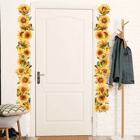Sunflower Butterfly Wall Sticker PVC Waterproof Door Frame Decal Floral Decorative Sticker For Living Room Bedroom Home Decor
