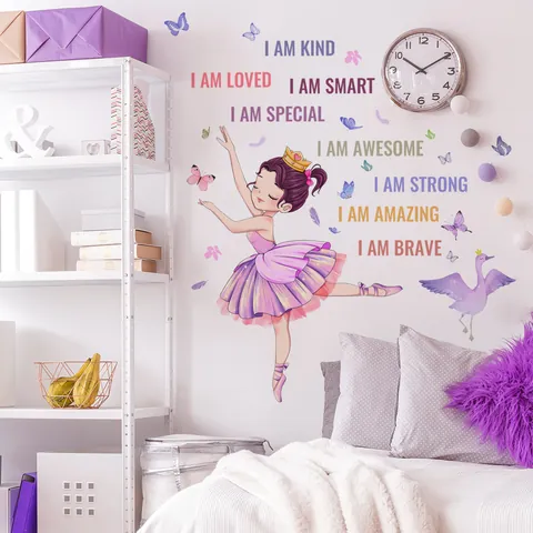 Ballerina Girl Wall Stickers PVC Self-Adhesive Removable Watercolor Butterflies Swans Inspirational Quotes Decor For Girls Nursery Kids Bedroom