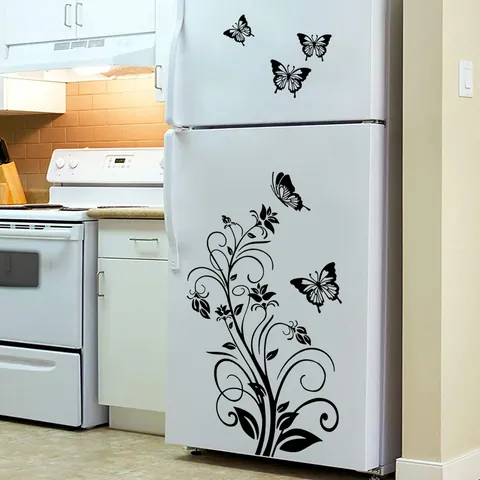 Black Flower Vine Butterfly Refrigerator Sticker PVC Removable Wall Sticker For Living Room Bedroom Kitchen Home Decor