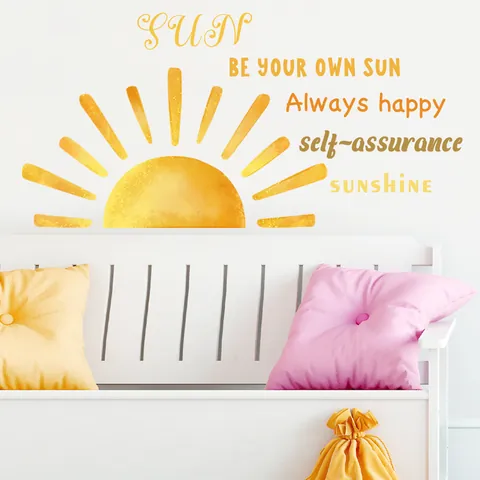 Adesivi Murali Sole Citazione Acquerello Sunshine Be Your Own Sun Decalcomanie Motivazionali per Cameretta Bambini PVC Arredo