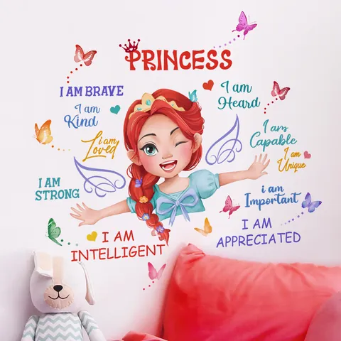 Cartoon Princess Butterfly Wall Stickers Inspirational English Phrases Girls Room DIY Waterproof Decorative Wall Decals