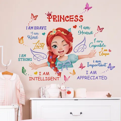 Cartoon Princess Butterfly Wall Stickers Inspirational English Phrases Girls Room DIY Waterproof Decorative Wall Decals
