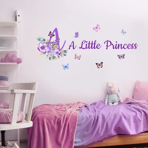 A Little Princess Wall Stickers Purple Flower Butterfly Letter A Wall Decals For Girls Kids Bedroom Decor Removable PVC Art Mural