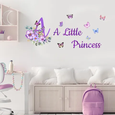 A Little Princess Wall Stickers Purple Flower Butterfly Letter A Wall Decals For Girls Kids Bedroom Decor Removable PVC Art Mural