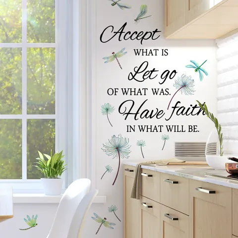 Inspirational English Quotes Wall Sticker Accept What Is Let Go What Was Faith PVC Decal Dragonfly Dandelion Home Decor