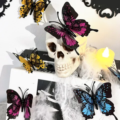 Pegatinas de Pared de Mariposa Estereoscópicas 3D de PVC Impermeable Patrón de Calavera Gótica DIY Decoración Hogar Halloween Fiesta