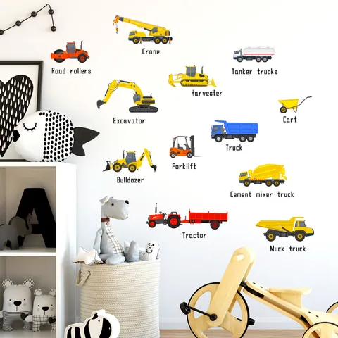 Cartoon Engineering Vehicles Wall Stickers For Kids Room Excavator Crane PVC Decorative Decals Boys Bedroom Nursery Wall Art