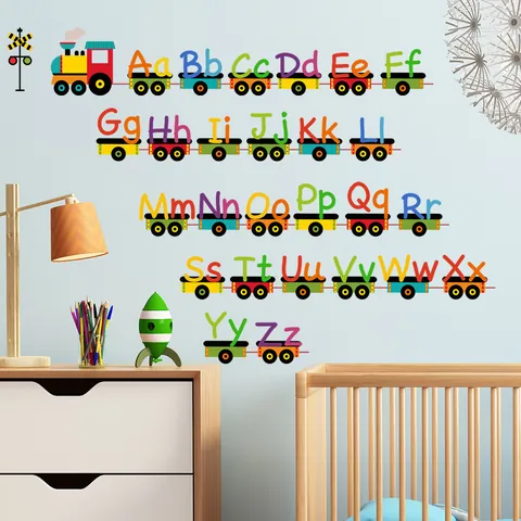 Sticker Mural Train Alphabet de Dessin Animé PVC Lettres Colorées Amovible Auto-Adhésif Pour Décoration Chambre Enfant