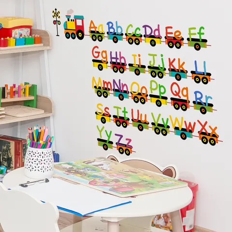Sticker Mural Train Alphabet de Dessin Animé PVC Lettres Colorées Amovible Auto-Adhésif Pour Décoration Chambre Enfant