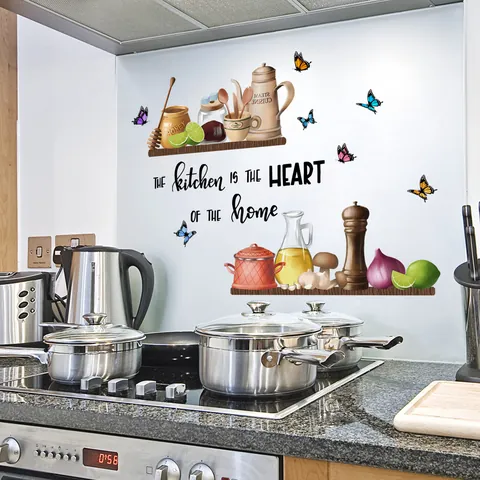 Adesivi Murali PVC Slogan Cucina Farfalla Autoadesivi Rimovibili Decorazione Cucina The Kitchen Is The Heart Of The Home Arte Parete