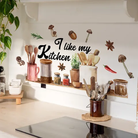Watercolor Kitchen Wall Stickers Mushroom Spices Pattern I Like My Kitchen Removable PVC Self Adhesive Wall Decals For Home