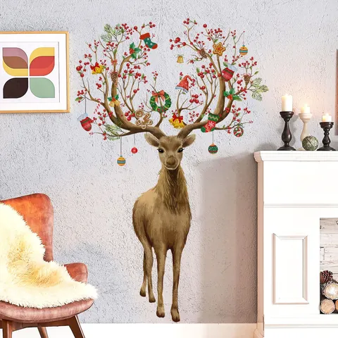 Christmas Reindeer Wall Stickers PVC Decorative Decals With Bells Socks Patterns For Living Room Bedroom Home Wall Decor