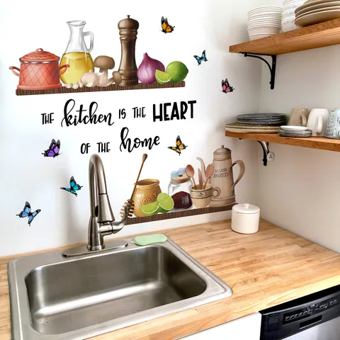 Adesivi Murali PVC Slogan Cucina Farfalla Autoadesivi Rimovibili Decorazione Cucina The Kitchen Is The Heart Of The Home Arte Parete
