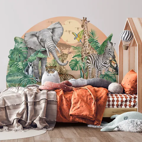Jungle Animal Arch Wall Sticker Sunset Safari Elephant Giraffe Tiger Nursery Decor Removable Mural For Kids Room