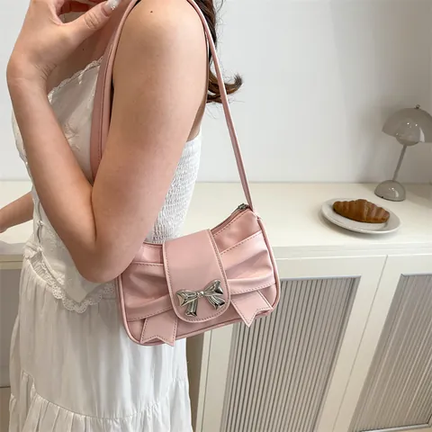 Women Bow-knot Underarm Bag PU Leather Pleated Shoulder Bag With Silver Metal Buckle Chic Casual Daily Handbag Y2K Style