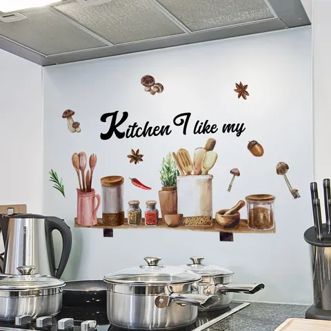 Watercolor Kitchen Wall Stickers Mushroom Spices Pattern I Like My Kitchen Removable PVC Self Adhesive Wall Decals For Home