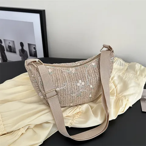 Borsa a Spalla da Donna alla Moda in Paglia Intrecciata Ricamo Floreale Borsa Hobo a Mezzaluna Tracolla Regolabile in Tela Spiaggia Estate