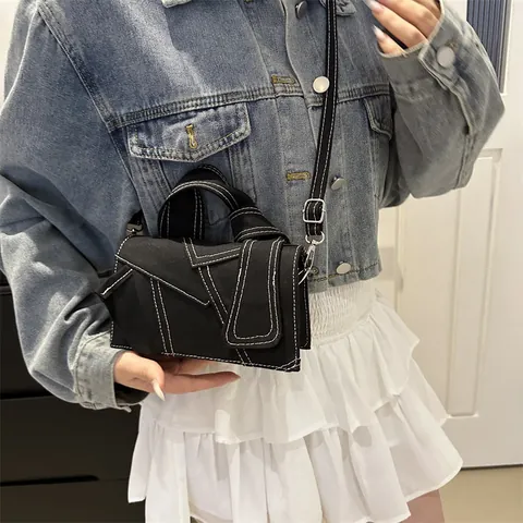 Borsa a Tracolla in Tela di Denim Patchwork Per Donna Manico Annodato Cuciture a Contrasto Borsa Minimalista Geometrica a Spalla