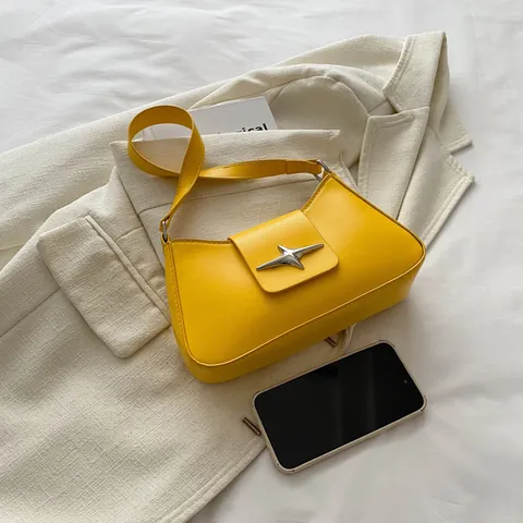 Bolso de Axila de Cuero de PU Minimalista para Mujer Moda Hebilla de Estrella Color Sólido Bolso de Hombro Y2K Baguette Hobo