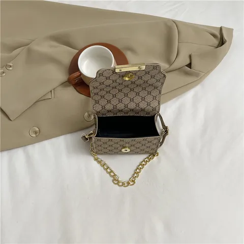 Bolso Cuadrado Pequeño de Cuero PU con Estampado Vintage para Mujer Verano Retro Cadena Bolso de Hombro Bandolera Patrón Geométrico