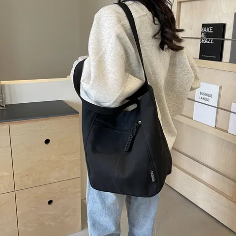 Large Capacity Canvas Tote Bag For Women Casual Commuting Shoulder Bag With Zipper Front Pocket Minimalist Daily Handbag