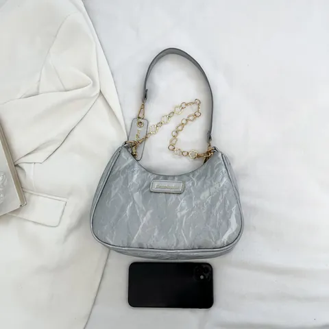 Bolso de Axila Plisado para Mujer Minimalista Cuero PU Bolso Hobo Decoración Cadena Flores Oro Color Sólido Bolso de Hombro